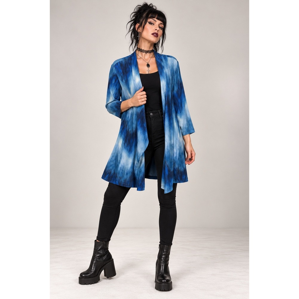 Chico's 3 Blue Watercolor Open Front Cardigan Size 3 USA Made